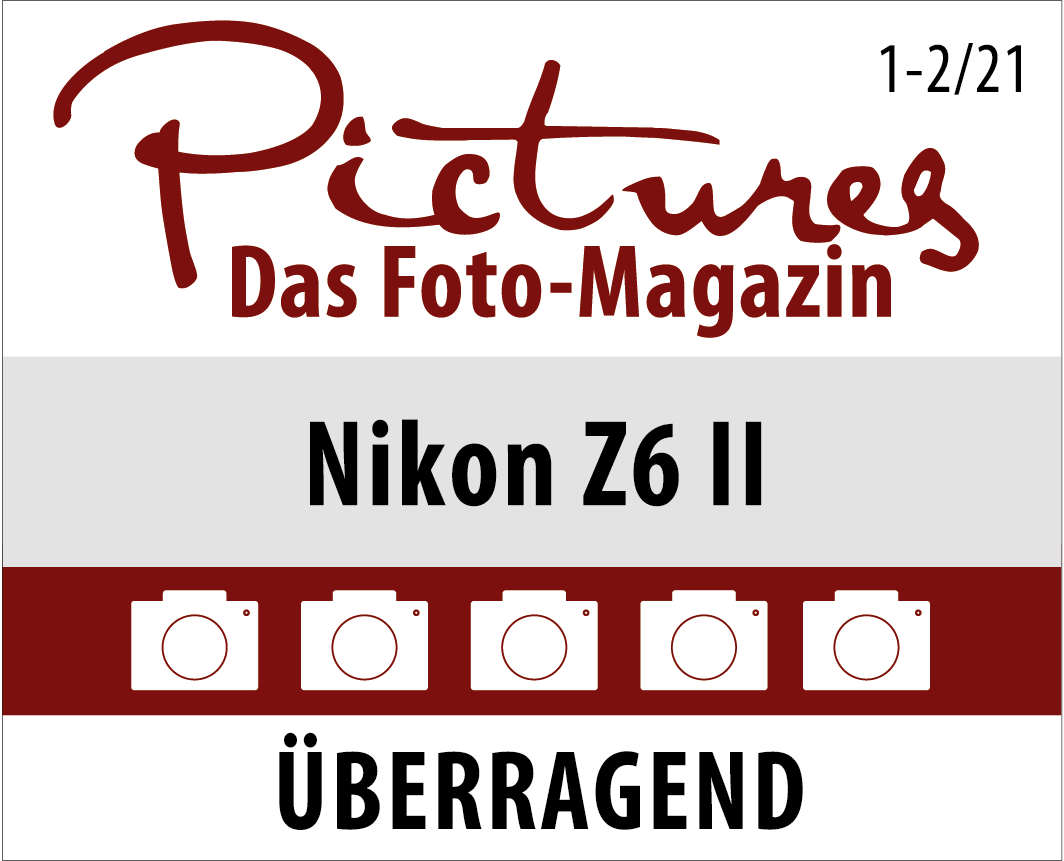 Couverture de magazine avec texte Nikon Z6 II, cinq icônes d'appareil photo et le mot Überragend.