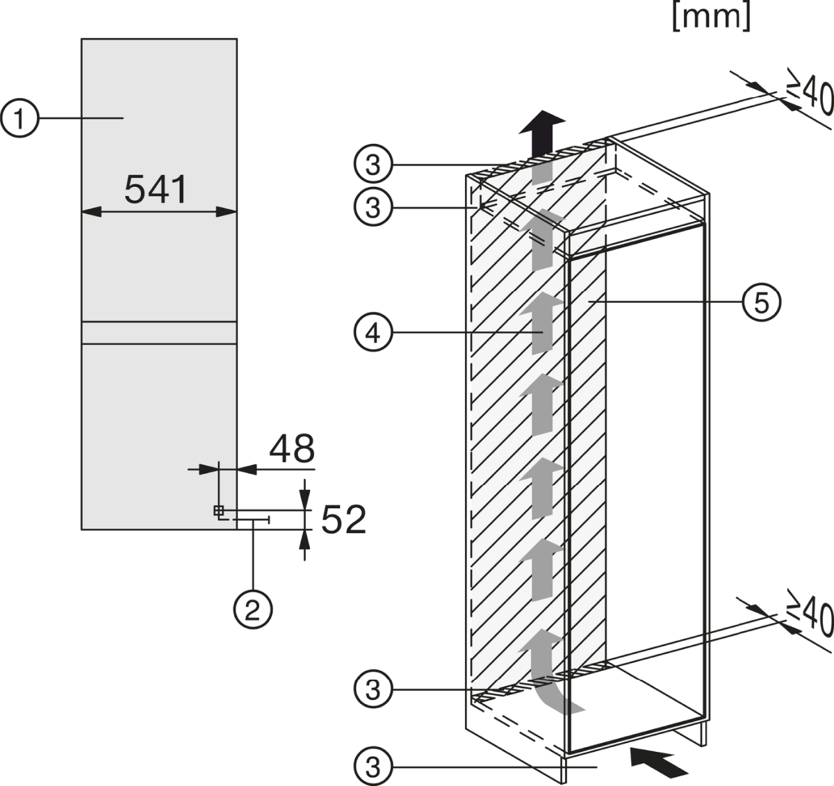 Diagramm eines hohen Schranks mit Maßen. Es zeigt Abmessungen und interne Regalaufteilung zur Installation.