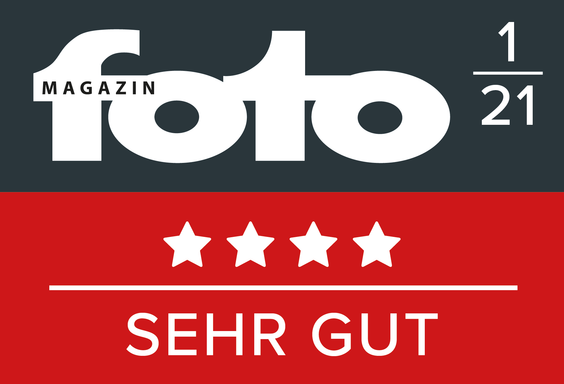 Une couverture de magazine avec 'Foto Magazin' en blanc, avec quatre étoiles et le texte 'SEHR GUT' en rouge.