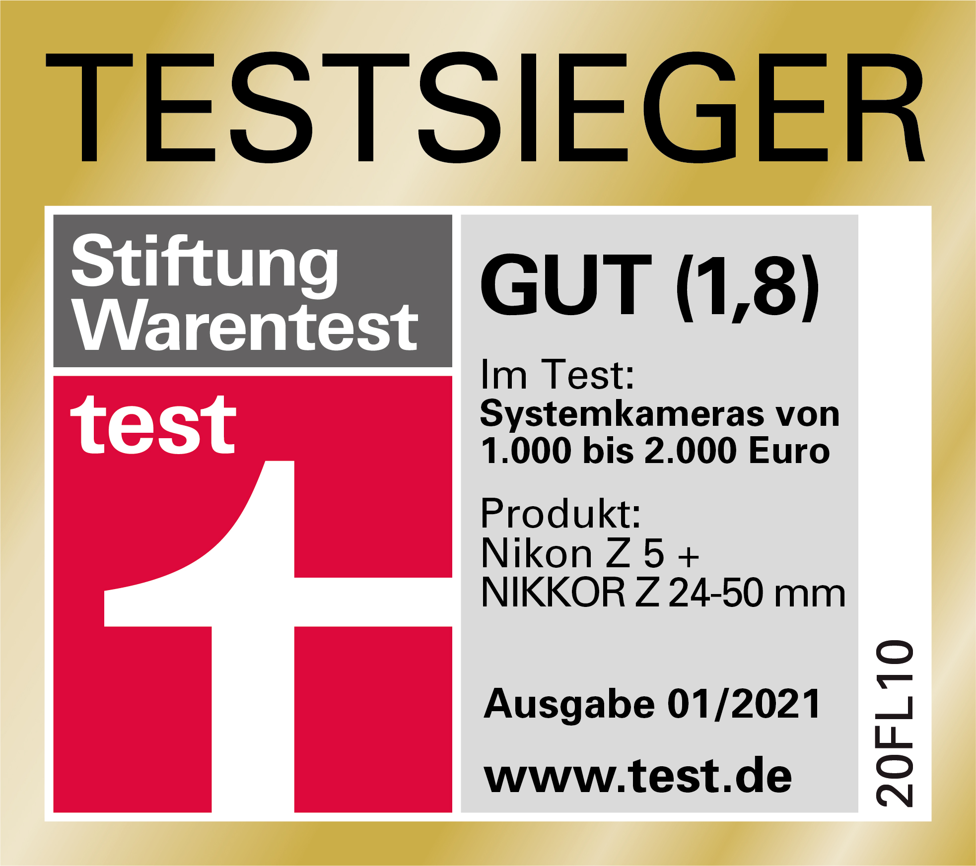 Couverture de magazine de test, produit photo Nikon, note 'GUT (1,8)'.