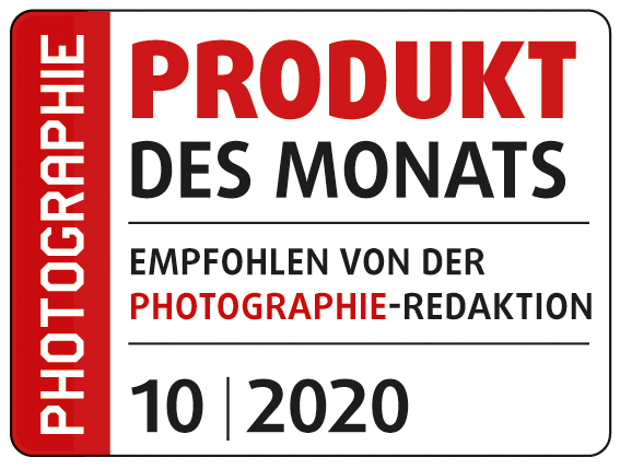 Badge du produit du mois, recommandé par les rédacteurs photo du magazine. 10|2020.