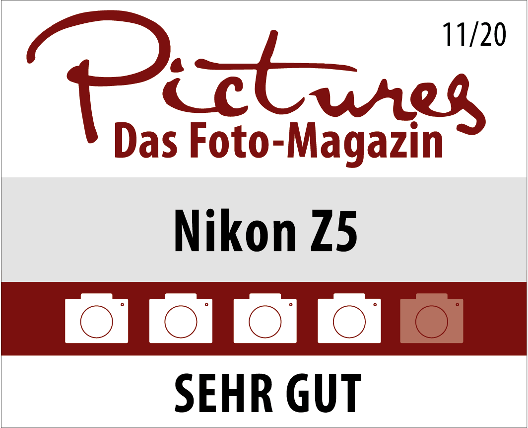 Couverture de magazine avec test du Nikon Z5. Quatre icônes d'appareil photo, une en surbrillance.