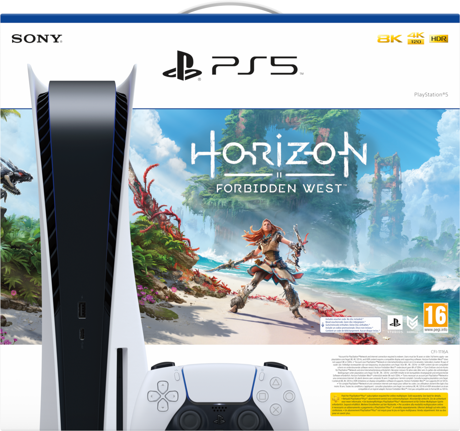 PlayStation 5 console met Horizon Forbidden West hoes en controller.
