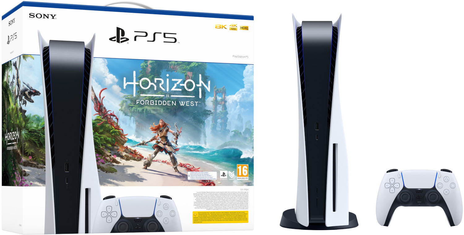 PlayStation 5 console met Horizon Forbidden West speldoos en controller.