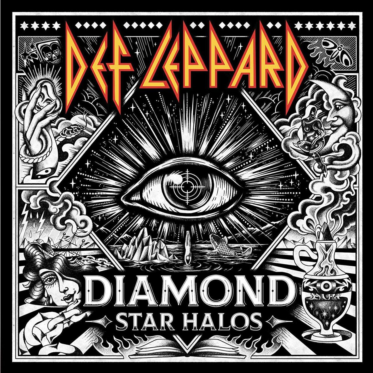 Def Leppard 'Diamond Star Halos' albumcover art. Oog in het midden, omringd door afbeeldingen en tekst.
