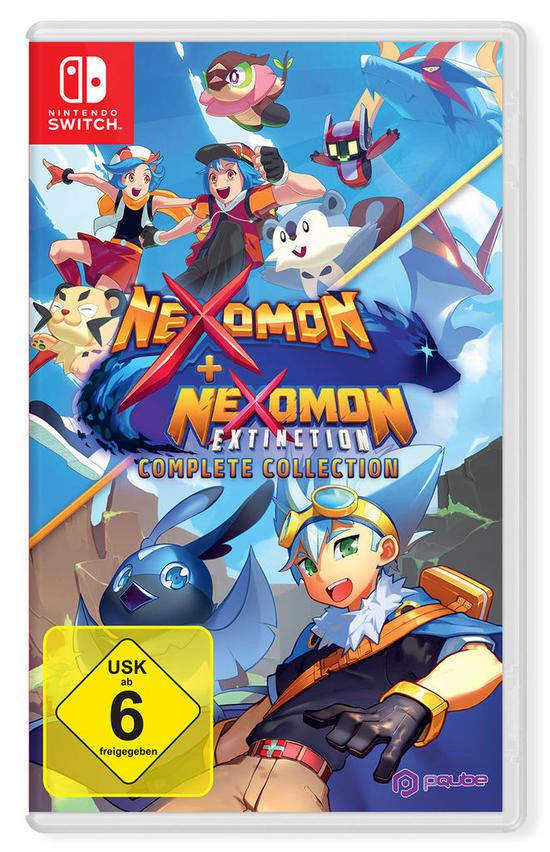 Nintendo Switch-Spielbox für 'Nexomon + Nexomon Extinction Complete Collection' mit Charakteren und Kunst.