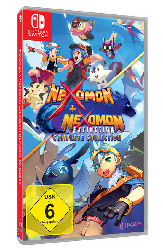 Nintendo Switch Spielbox. Titel 'Nexomon + Nexomon: Extinction' mit Charakteren. USK-Bewertung.
