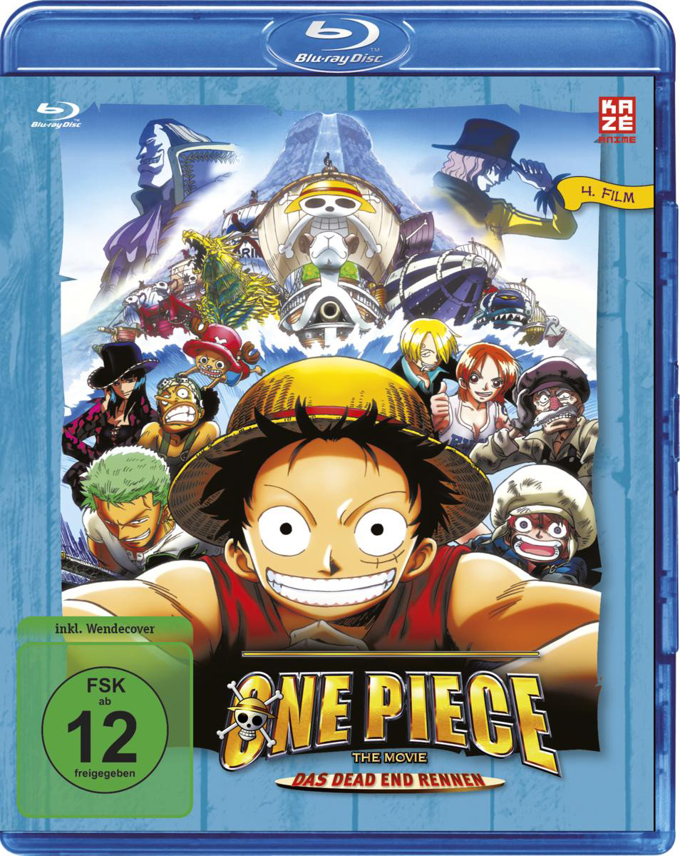 Blu-ray-Cover: One Piece-Film mit vielen Charakteren. Luffy steht im Mittelpunkt, lächelt. Text: One Piece, Das Dead End Rennen.