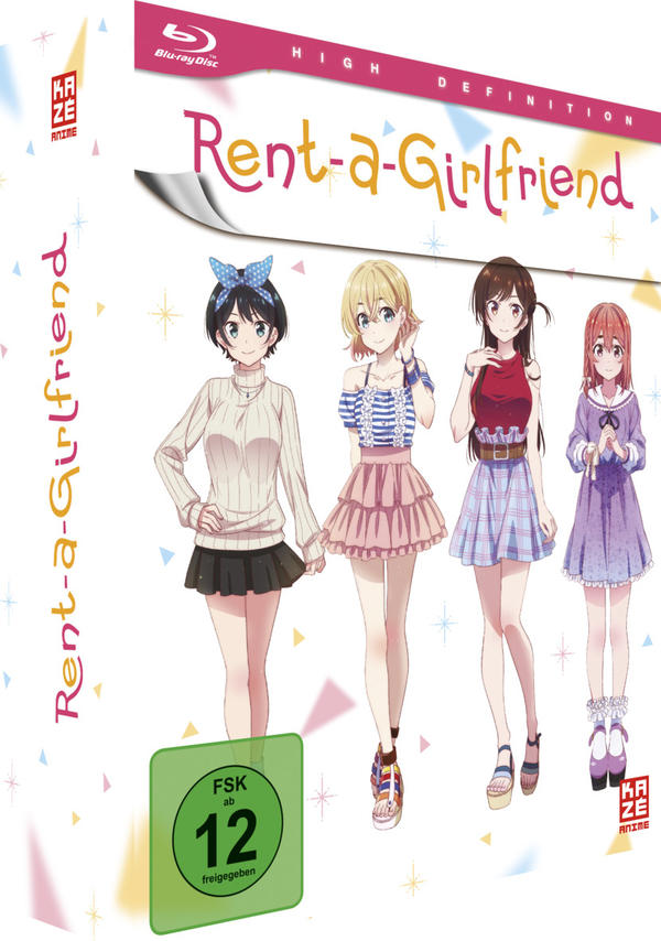 Anime-DVD-Cover: Vier weibliche Charaktere, Titel 'Rent-a-Girlfriend'.