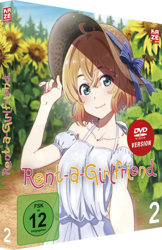 Anime DVD-Hülle mit dem Titel 'Rent-a-Girlfriend' mit einer weiblichen Figur vor Sonnenblumen.