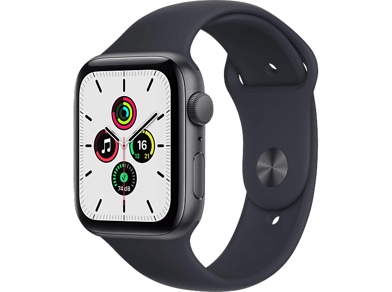 APPLE Watch SE (GPS), 44 mm Aluminiumgehäuse, Sportarmband Smartwatch Fluorelastomer, 140 - 220 mm, Space Grau/Mitternacht