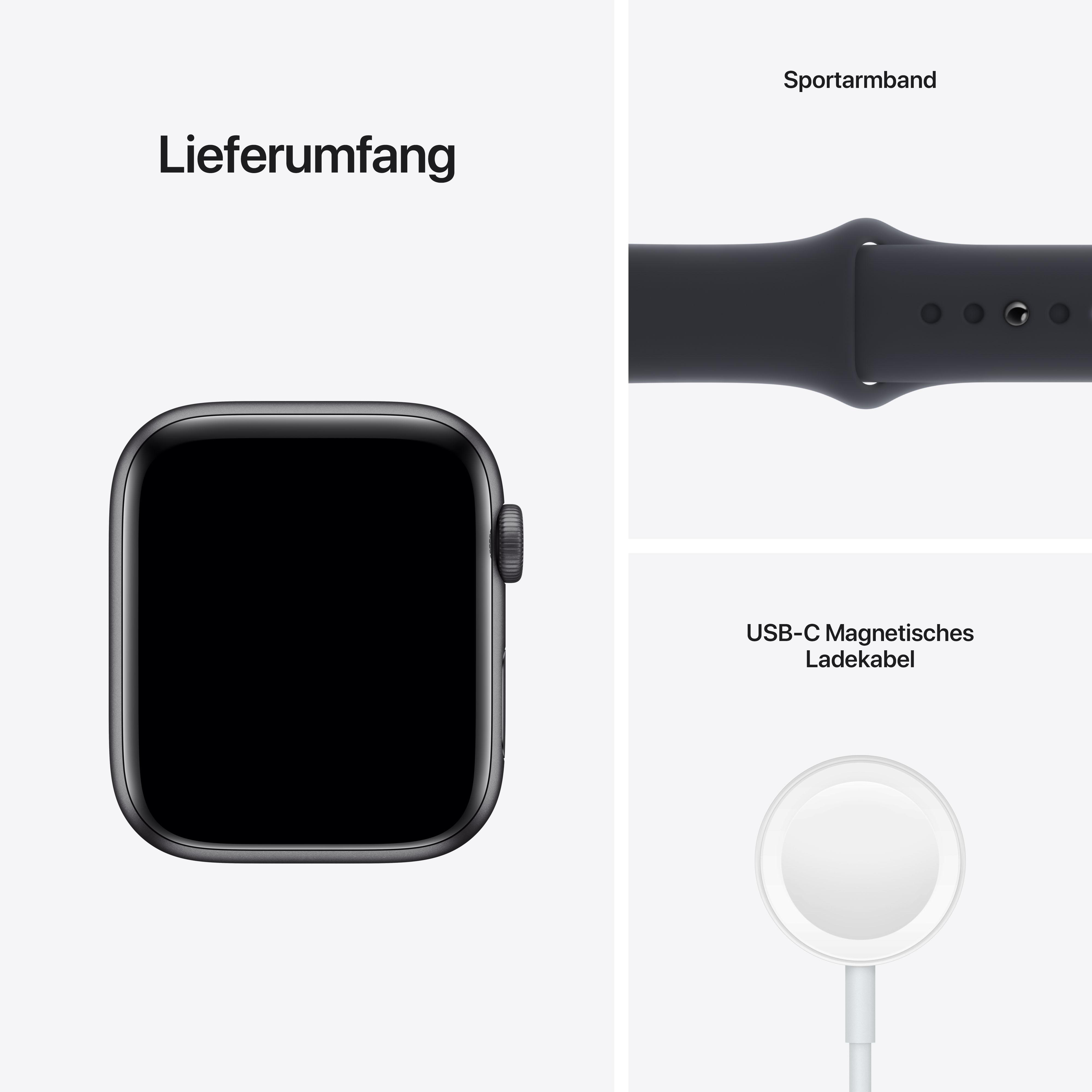Apple Watch mit Armband und Ladegerät. Die Uhr ist schwarz mit schwarzem Bildschirm.