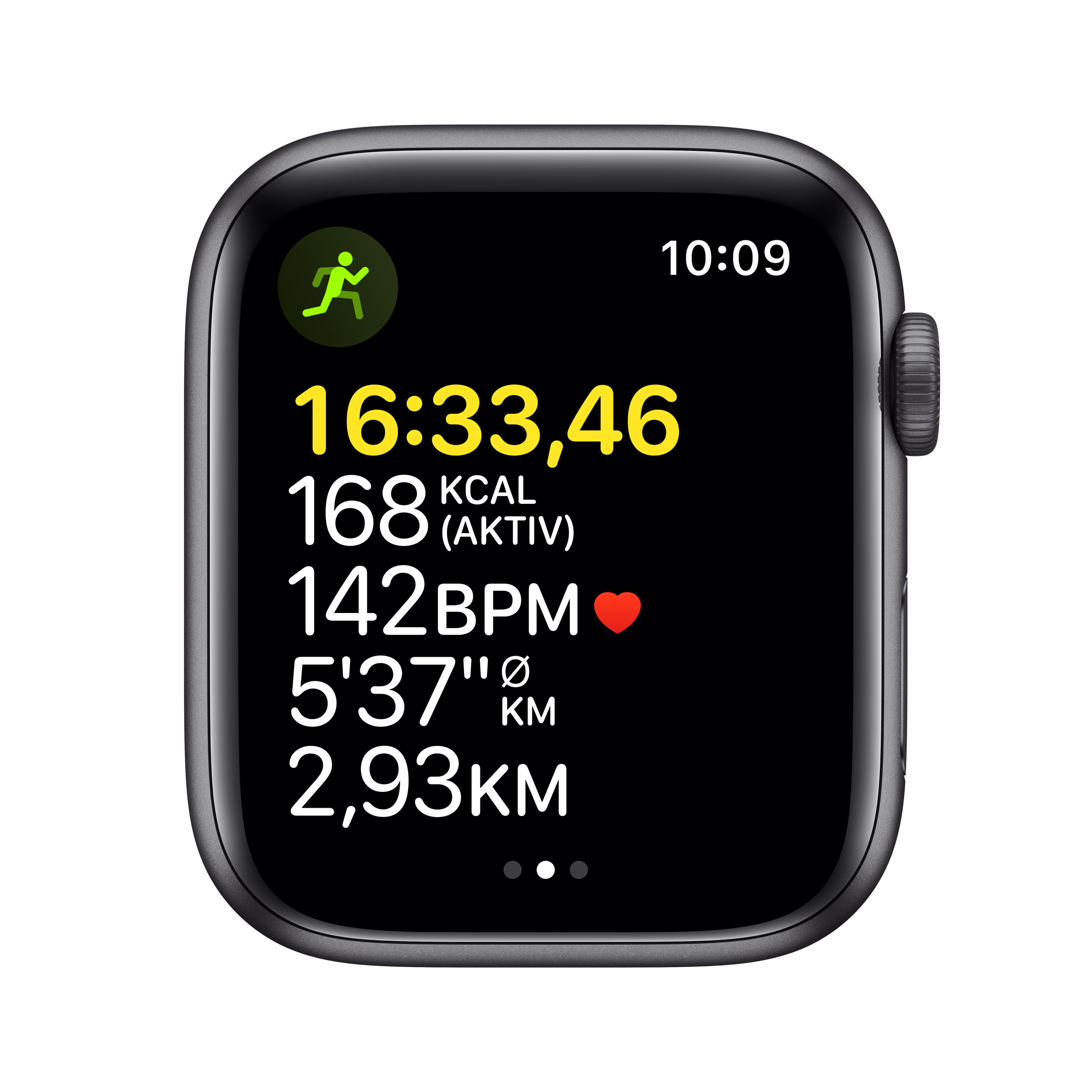 Apple Watch-Bildschirm zeigt Aktivitätsdaten: Zeit, Kalorien, BPM, Distanz.