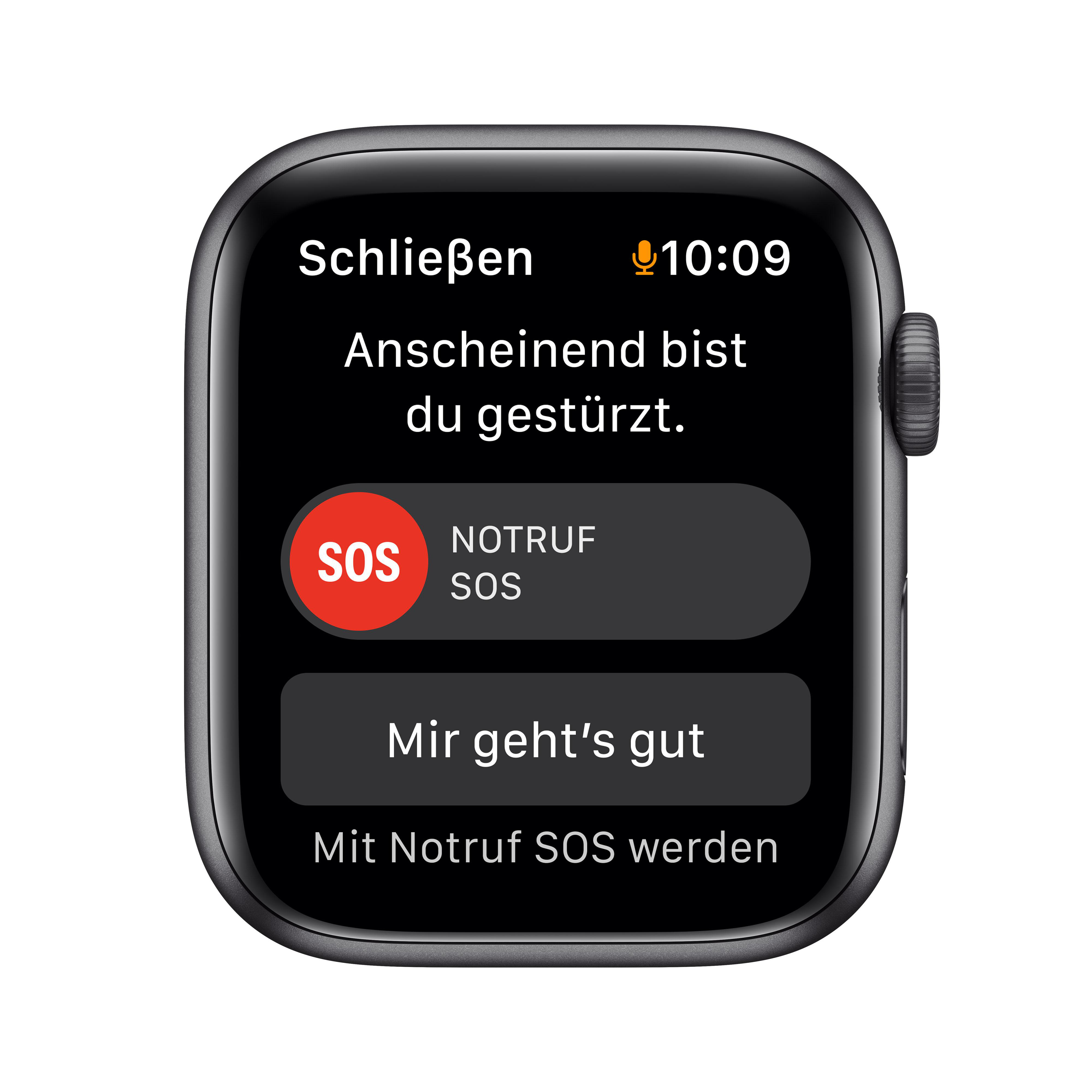 Apple Watch-Bildschirm mit deutscher Notfallwarnung und SOS-Option.
