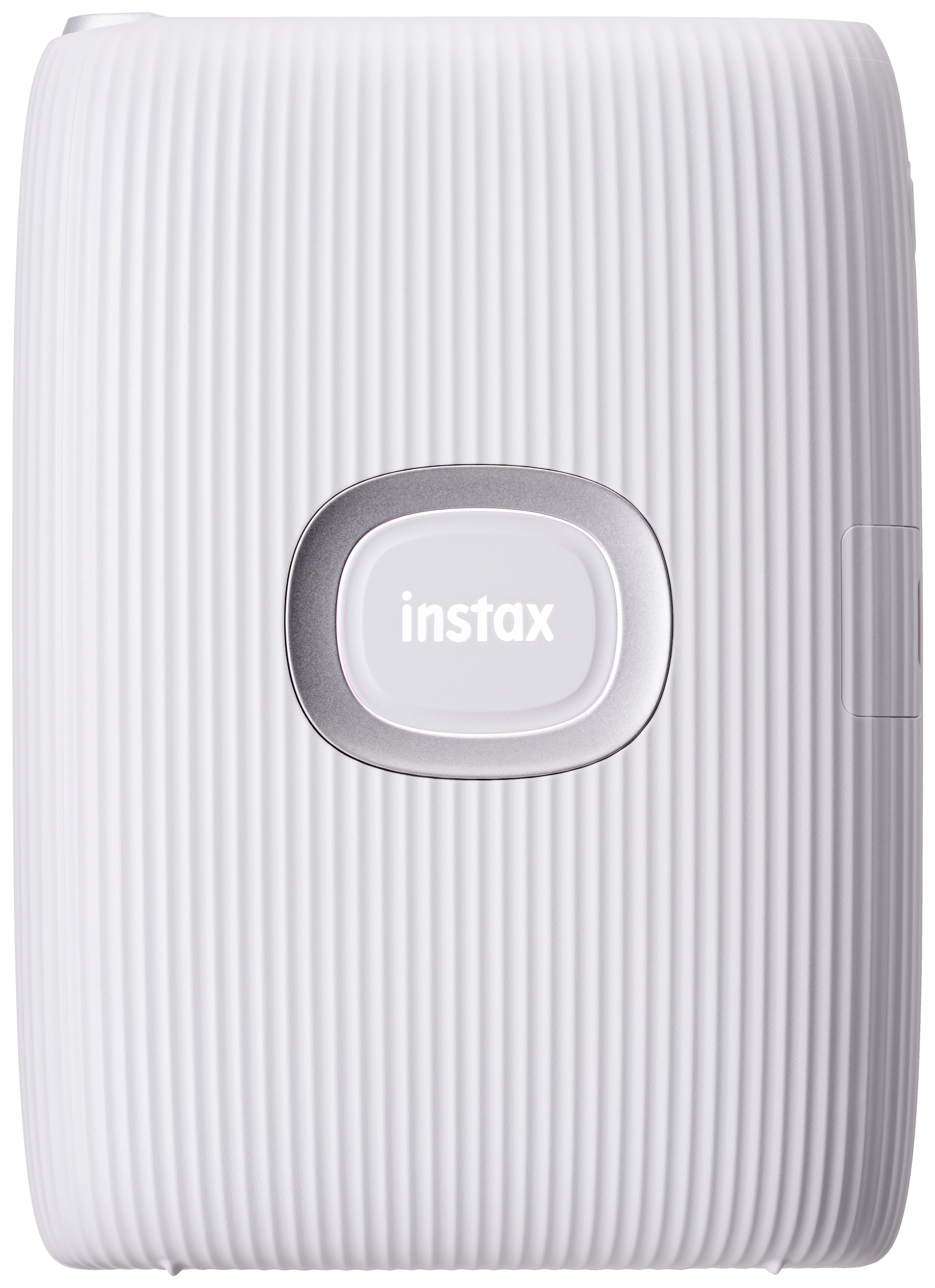 Ein weißer Instax Mini Link Fotodrucker mit vertikalen Rippen. Das 'instax'-Logo ist mittig sichtbar.