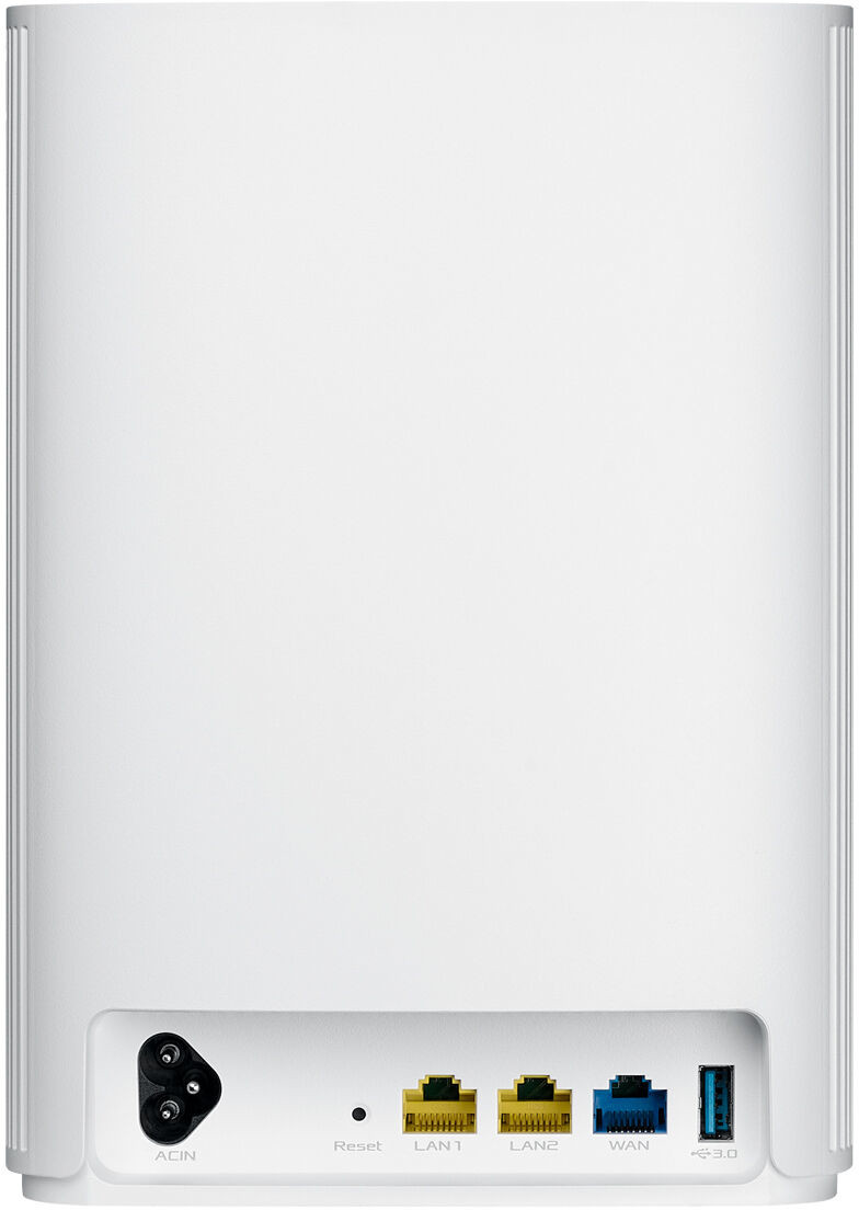 Un routeur blanc avec des ports en bas : CA, Réinitialiser, LAN, WAN et USB 3.0. Il a un design élégant et simple.