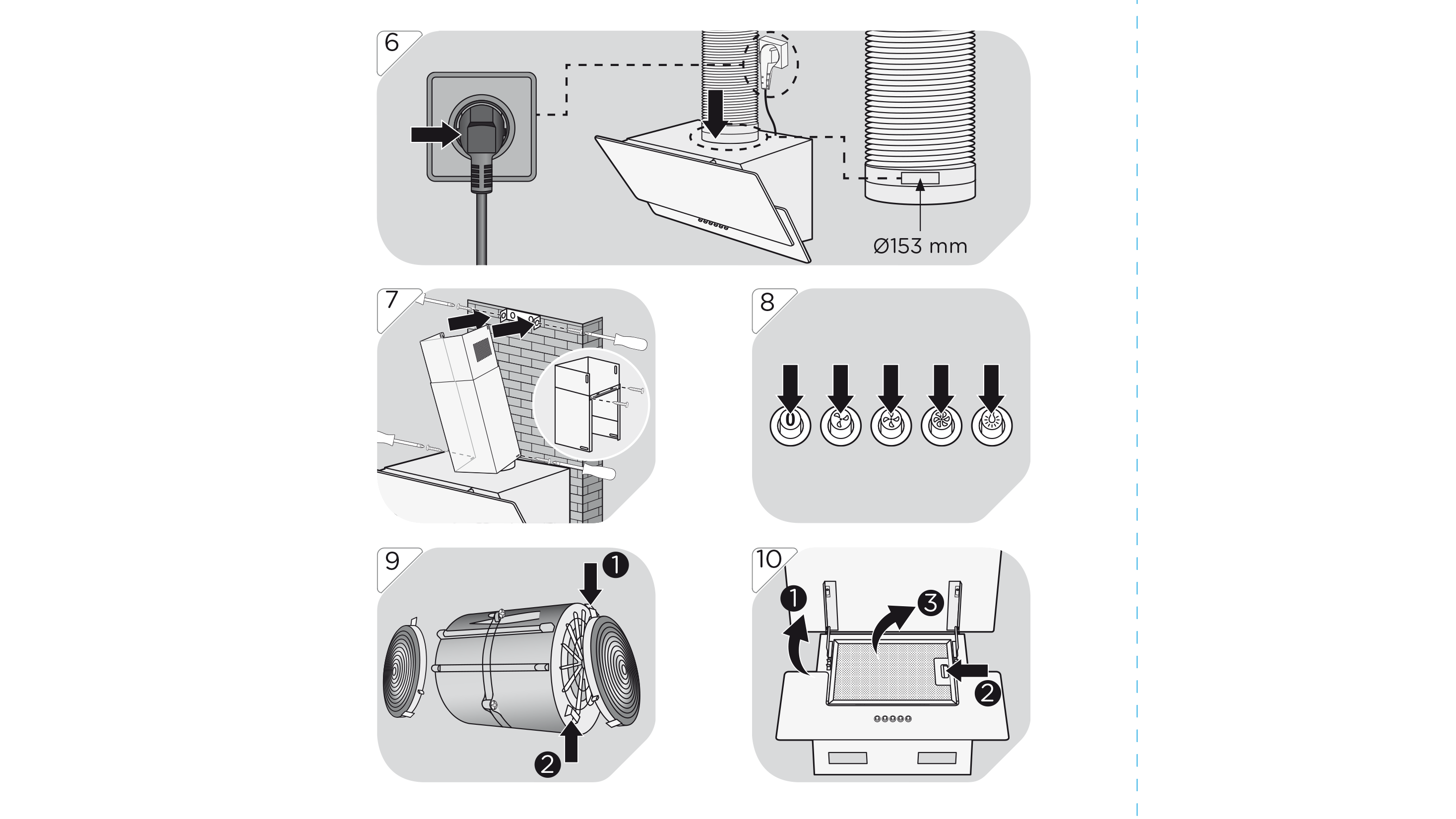 Diagramm, das die Installationsschritte einer Dunstabzugshaube zeigt. Inklusive Stromanschluss und Belüftung.