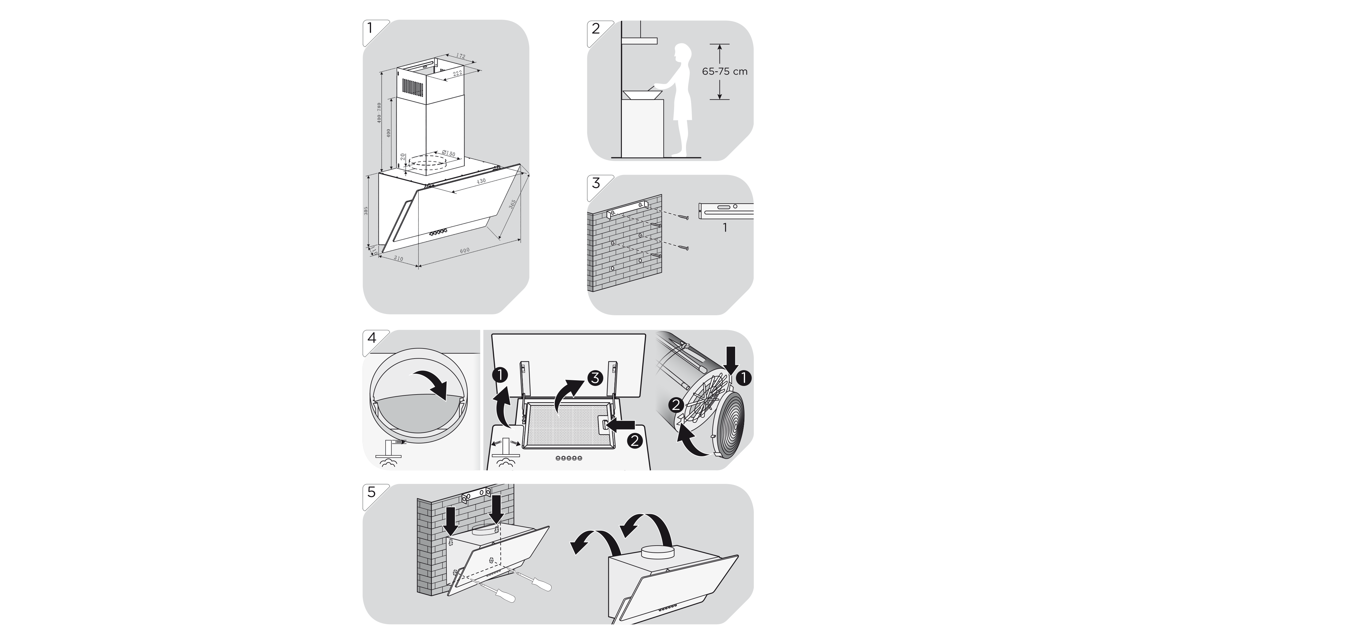 Diagramm mit Installationsanweisungen für eine Dunstabzugshaube. Mehrere Schritte mit Illustrationen.