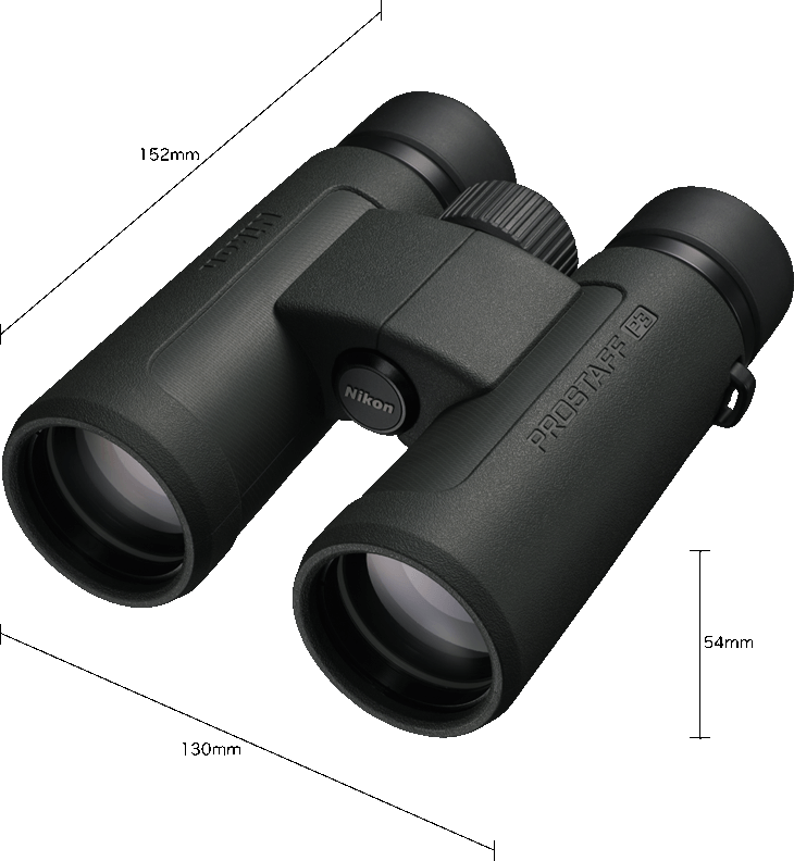 Binocolo Nikon PROSTAFF P3, nero, vista angolata, logo Nikon sul ponte.