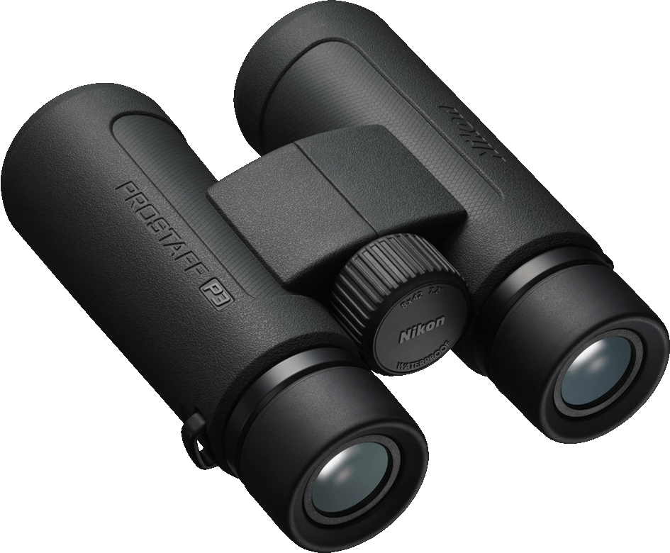 Binocolo nero con marchio Nikon Prostaff P3 su sfondo nero.