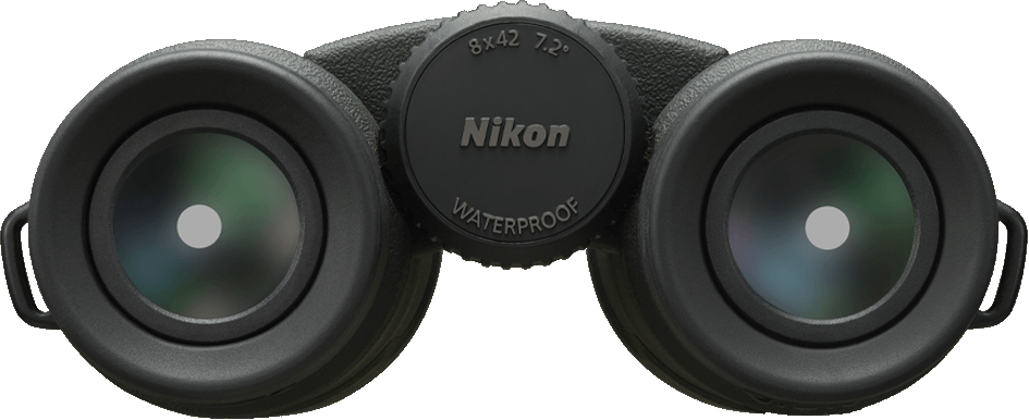 Binocolo Nikon nero. Hanno una manopola di messa a fuoco centrale con il logo Nikon e 'Waterproof'.