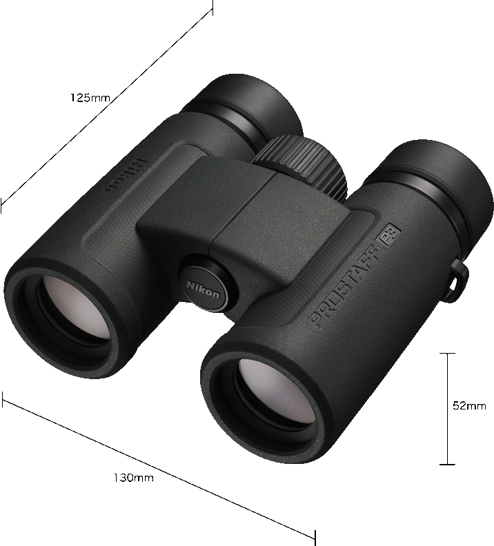 Binocolo Nikon nero. Le lenti sono sul davanti. Il binocolo ha Prostaff 5 scritto sopra.