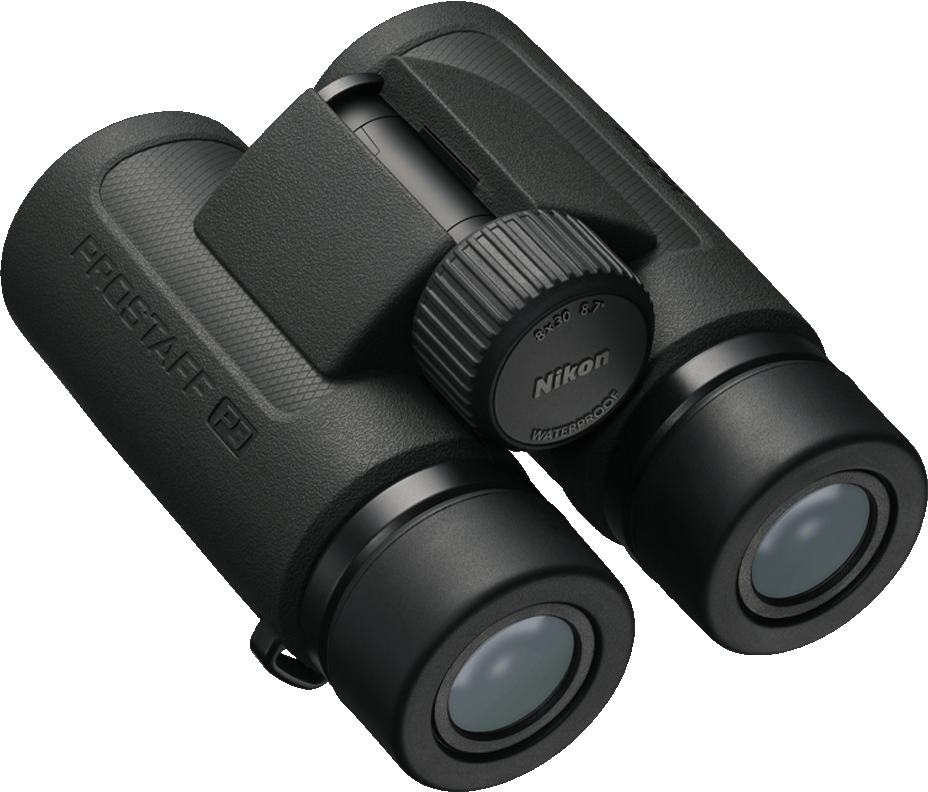 Binocolo Nikon Prostaff P3 nero con ghiera di messa a fuoco centrale.
