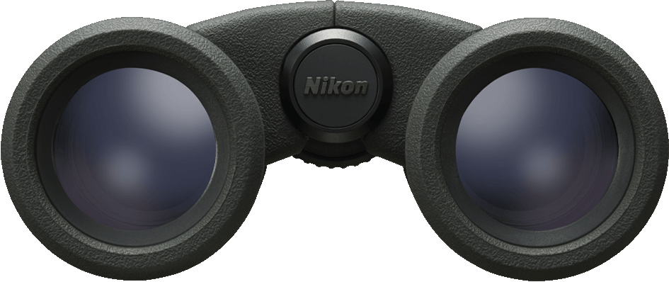 Binocolo nero con il logo Nikon. Le lenti sono scure con sfondo sfocato.