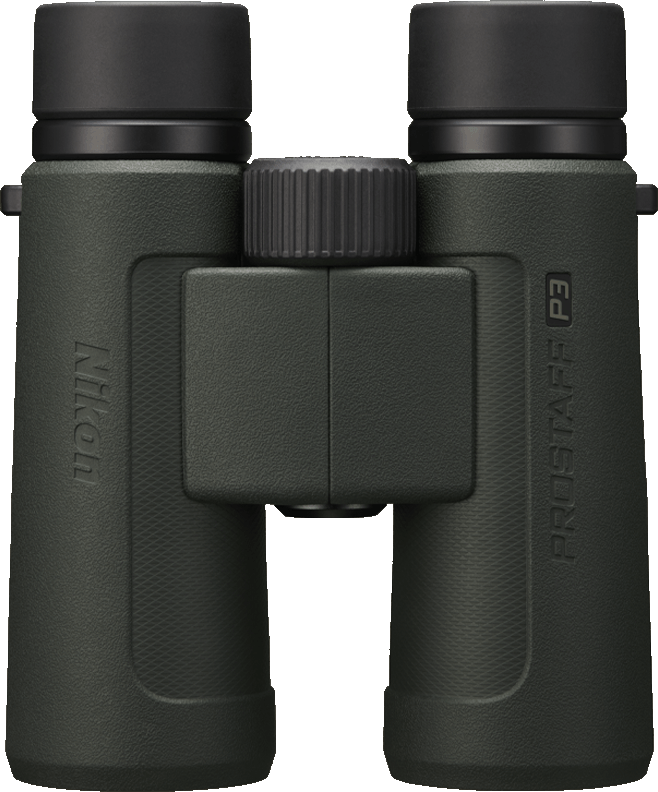 Dunkelgrünes Nikon-Fernglas mit schwarzem Fokusrad und schwarzen Kappen.