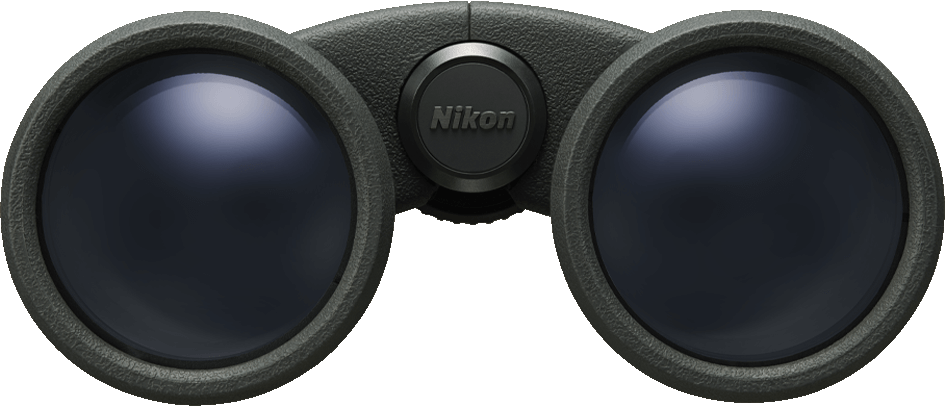 Fernglas mit schwarzen Linsen und Nikon-Logo auf schwarzem Hintergrund.