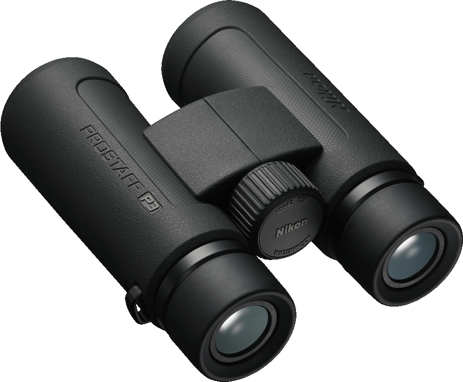 Schwarzes Nikon Prostaff P3 Fernglas, abgewinkelt, mit Fokusrad und Nikon-Markenzeichen.