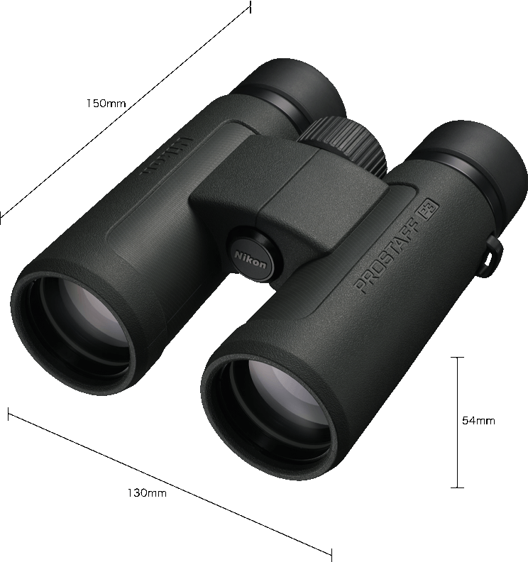 Schwarzes Nikon Prostaff P3 Fernglas, abgewinkelt, Linsen sichtbar, auf schwarzem Hintergrund.