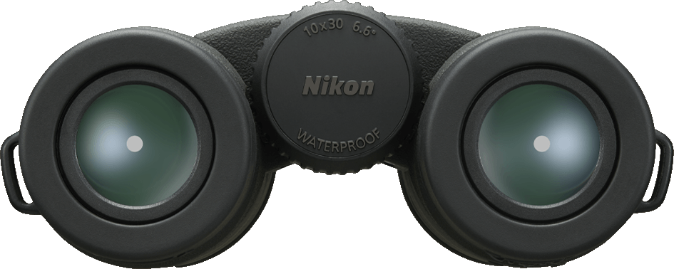 Binocolo Nikon nero. Ghiera di messa a fuoco centrale e logo Nikon. Le lenti hanno una tinta verde. Testo impermeabile.