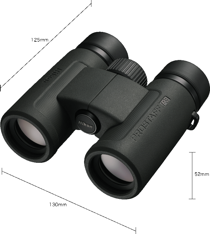 Binocolo su una superficie nera. Il binocolo è verde scuro. Marchio Nikon visibile.