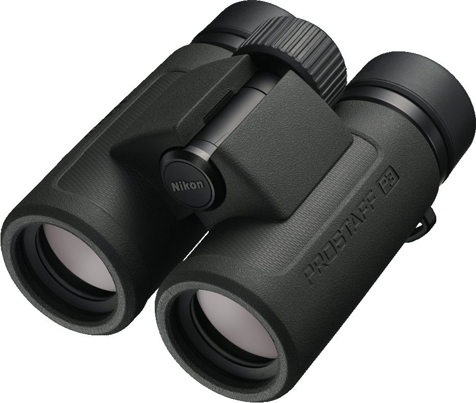 Binocolo Nikon nero, leggermente angolato, su sfondo nero sfocato.