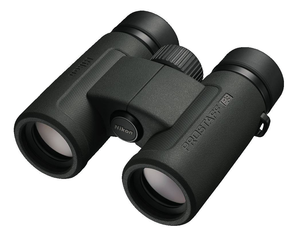 Binocolo nero con rivestimento in gomma verde, etichetta Nikon Prostaff P3.