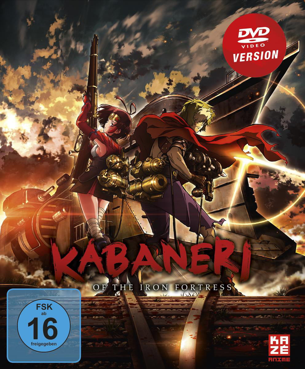 DVD-Cover eines Anime-Films, mit zwei Charakteren und einem Dampfzug, Text 'Kabaneri'.