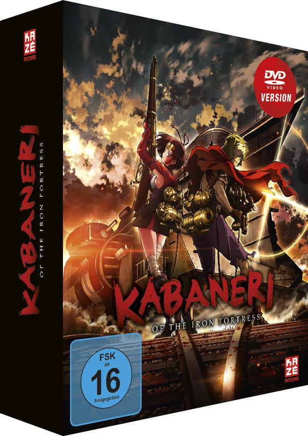 Eine DVD-Box für 'Kabaneri of the Iron Fortress'. Es zeigt Anime-Charaktere und ein rot-schwarzes Farbschema.