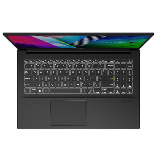 Ordenador portátil con teclado iluminado, pantalla con barras de color, sobre superficie blanca.