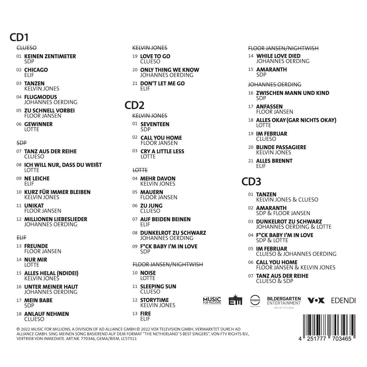 CD-Cover mit einer Liste von Liedern und Künstlern.