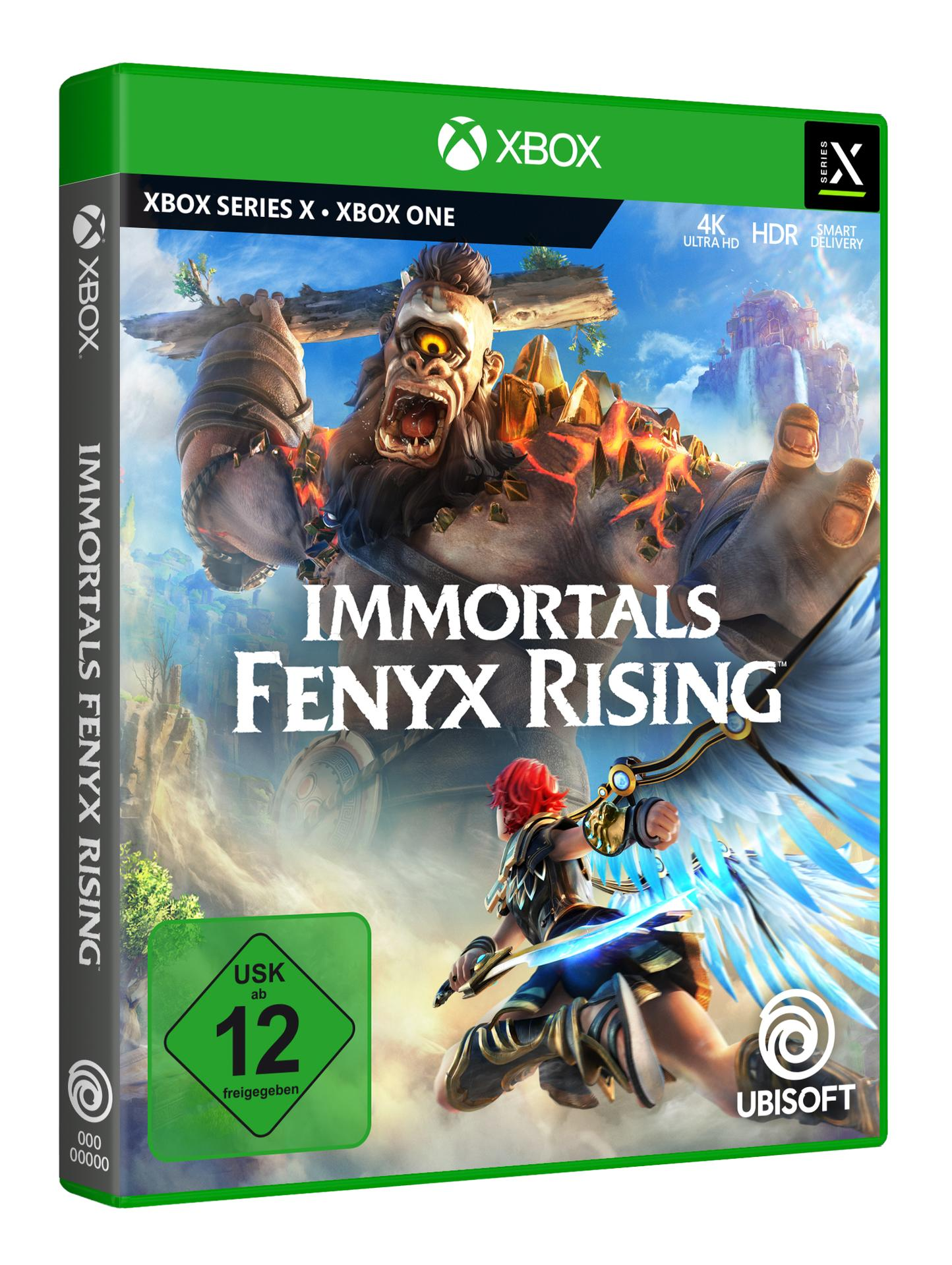 Spielbox für Immortals Fenyx Rising. Zeigt einen Charakter, der gegen ein Wesen kämpft.