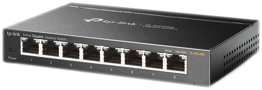 Un commutateur de bureau Gigabit 8 ports TP-Link noir avec huit ports numérotés et un indicateur d'alimentation.