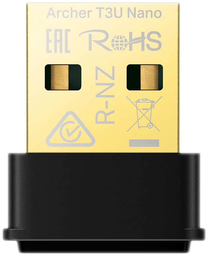 Une clé USB dorée avec des accents noirs, avec l'étiquette Archer T3U Nano.