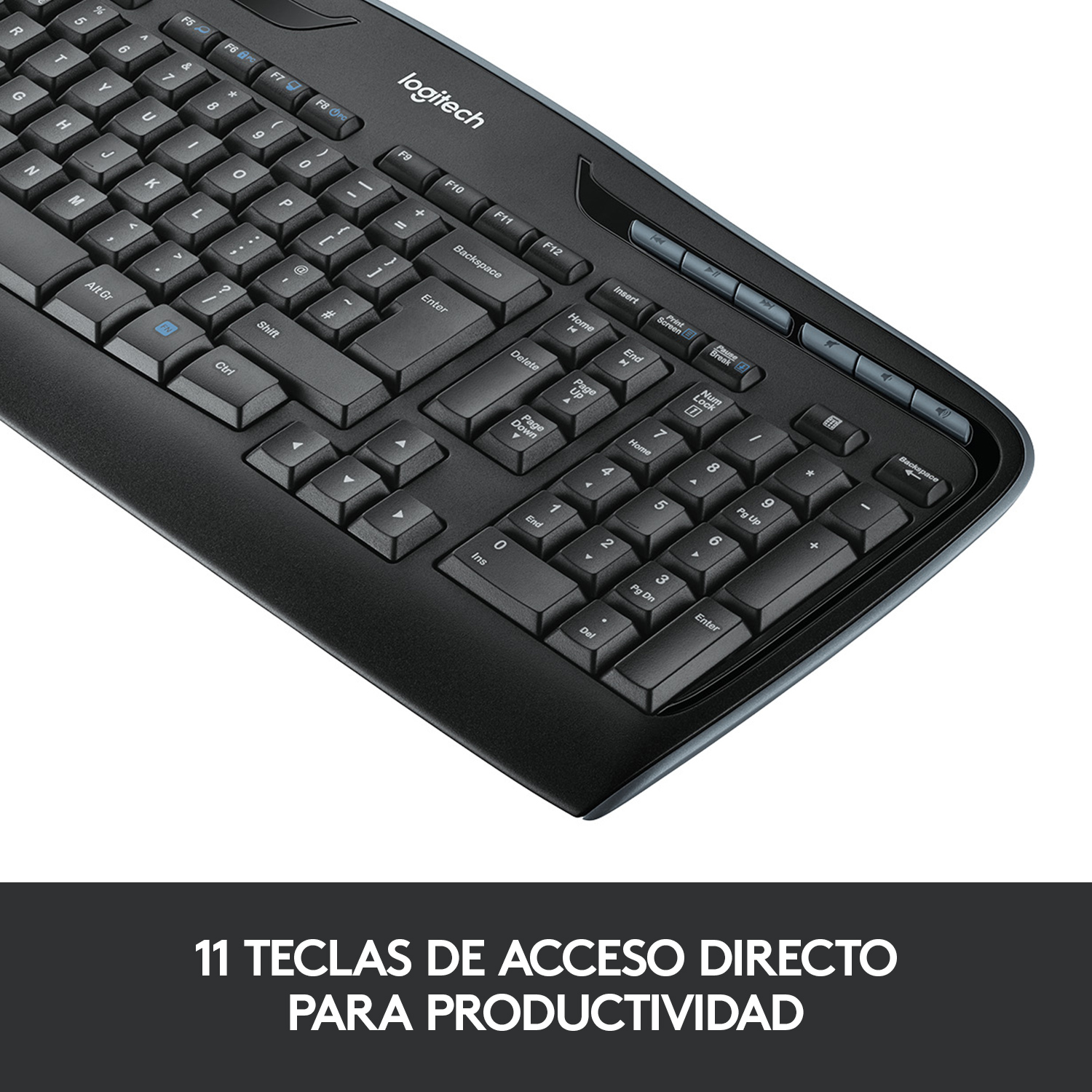 Teclado negro, con teclas de función, teclado numérico y teclas de acceso directo visibles.