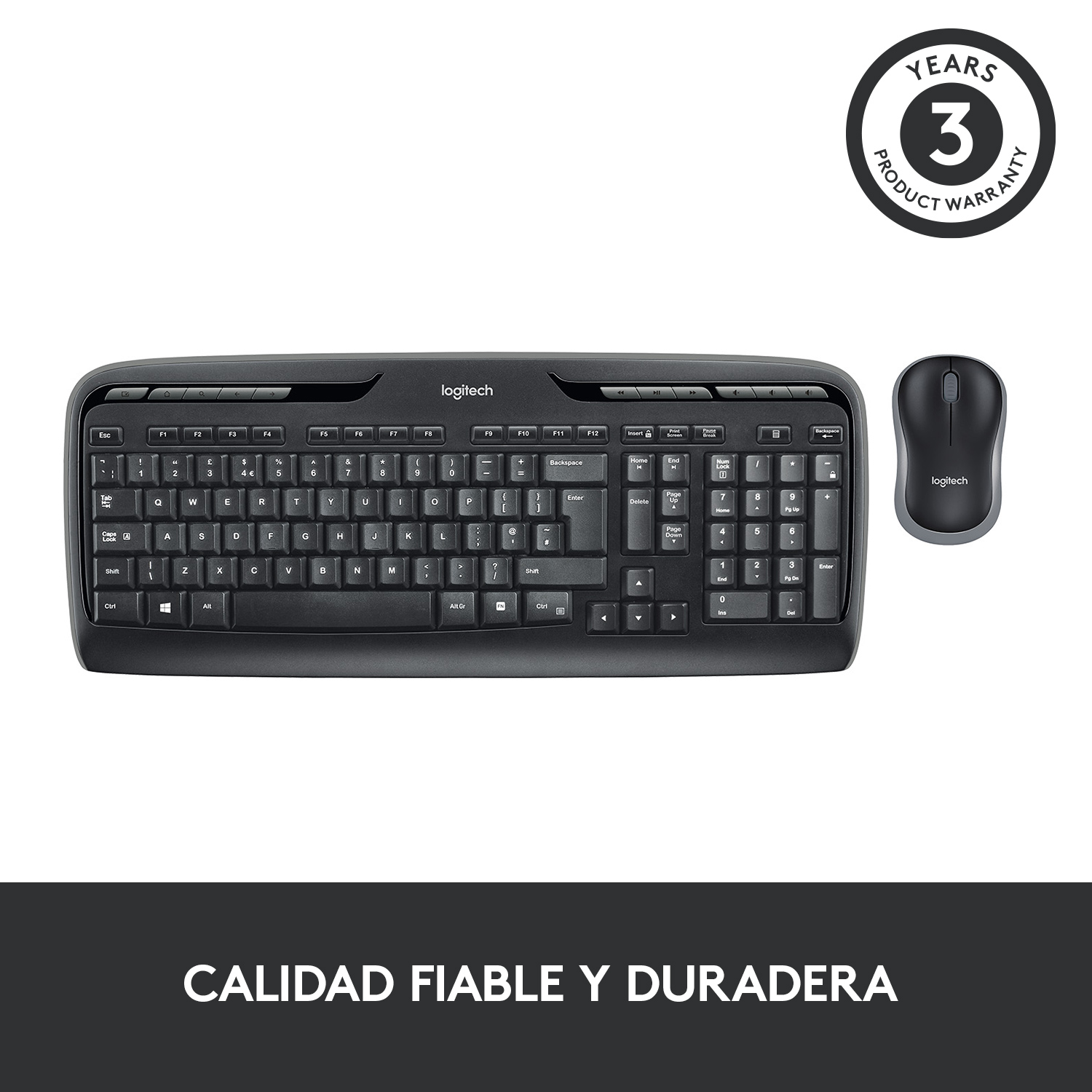 Conjunto de teclado y ratón negro con insignia de garantía de 3 años.