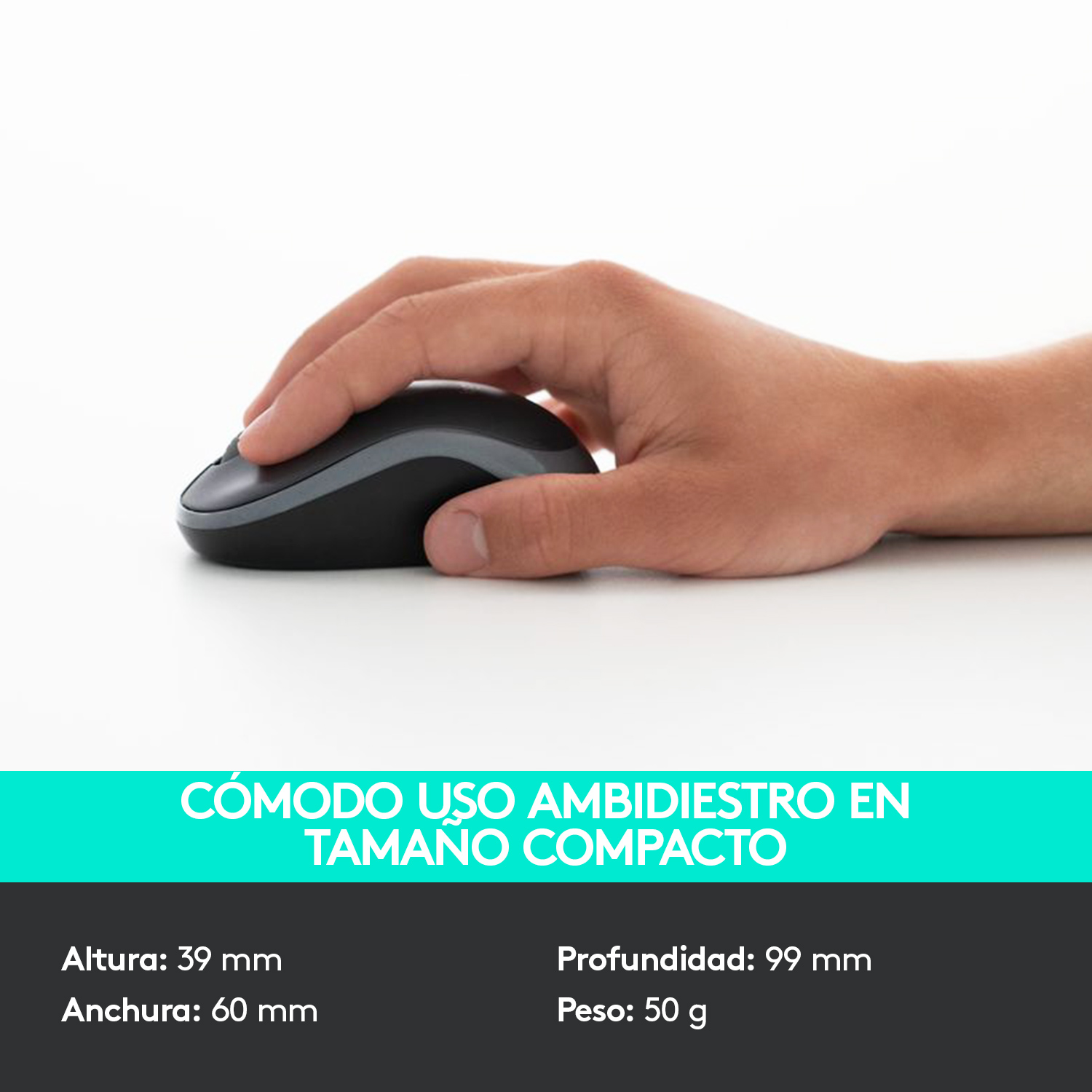 Una mano sujetando un ratón negro y gris, con dimensiones listadas abajo.