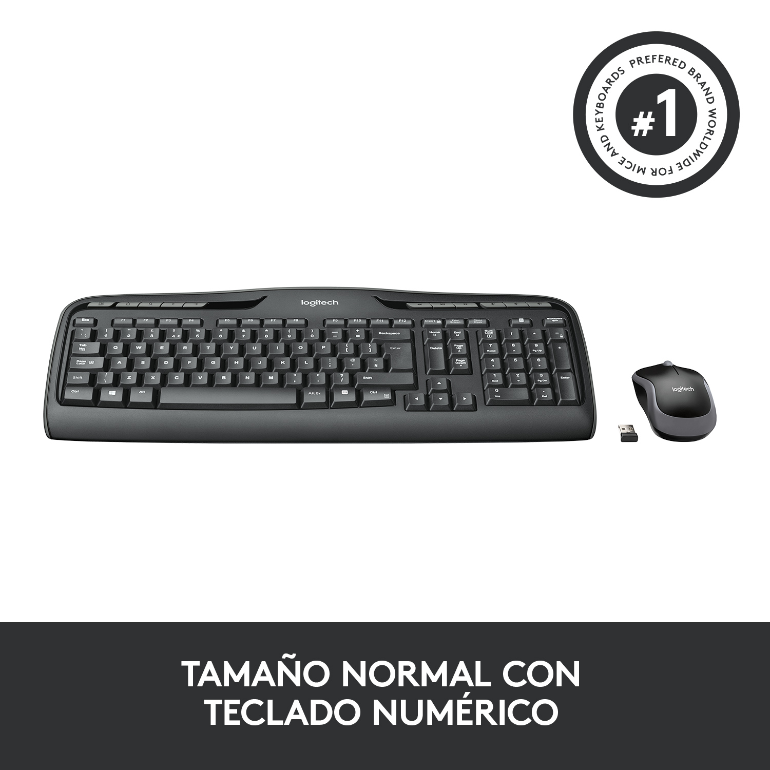 Conjunto de teclado y ratón negros. El teclado tiene un teclado numérico y está etiquetado 'Logitech'.