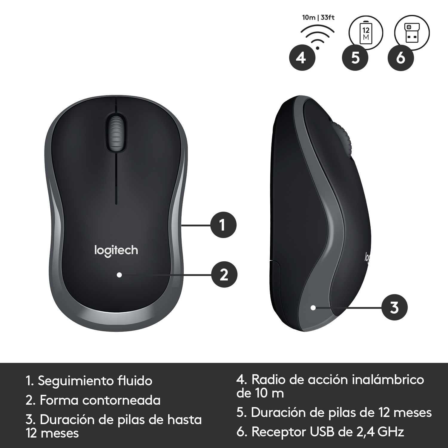 Ratón Logitech negro con funciones etiquetadas: seguimiento suave, forma contorneada y duración de la batería.
