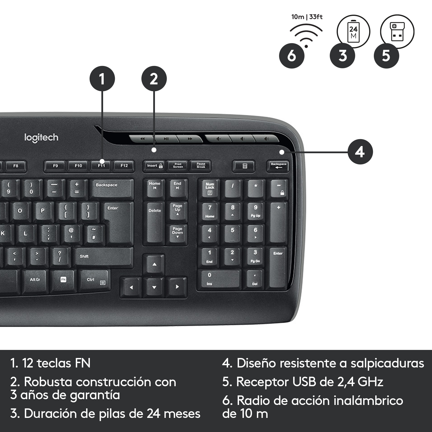 Teclado Logitech negro con teclas numeradas, teclas de función y controles multimedia. Fondo blanco.