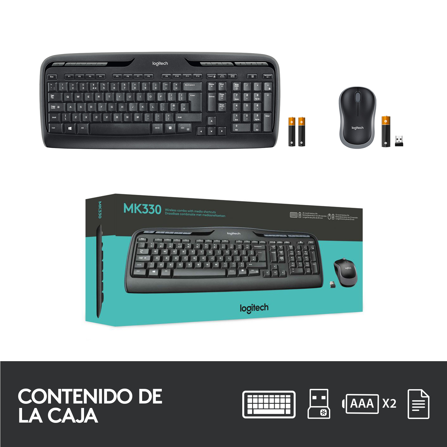 Teclado negro, ratón y caja de accesorios. El texto en la caja dice 'MK330'.